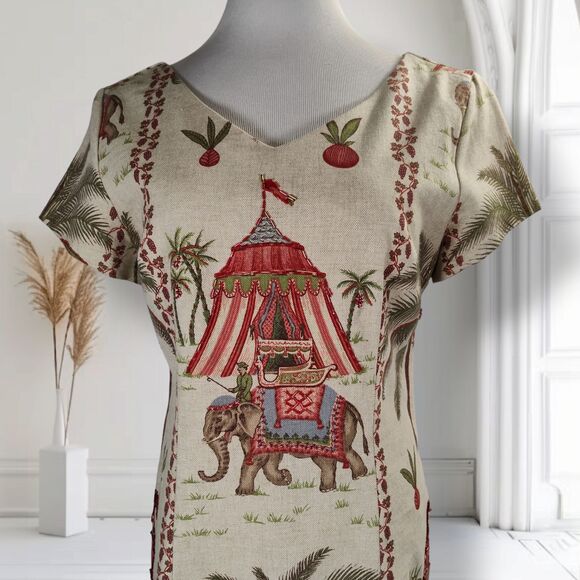 Vintage 90s Elephant Tapestry Print Midi Dress Size 8 Beaded Cotton India - Picture 6 of 16